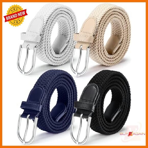 4 Pack Woven Braided Stretch Belt Set Adjustable Silver Buckle main image 7